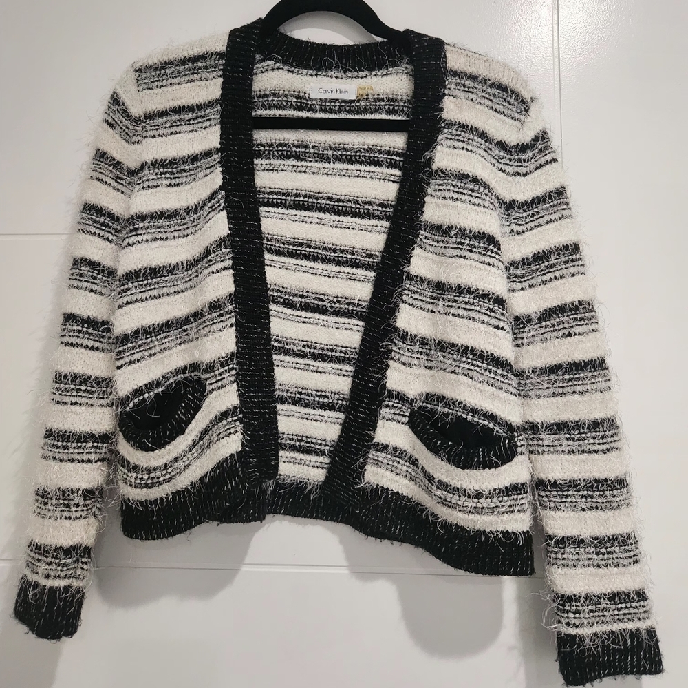 Calvin Klein Women's Fuzzy Black and White Cropped Cardigan